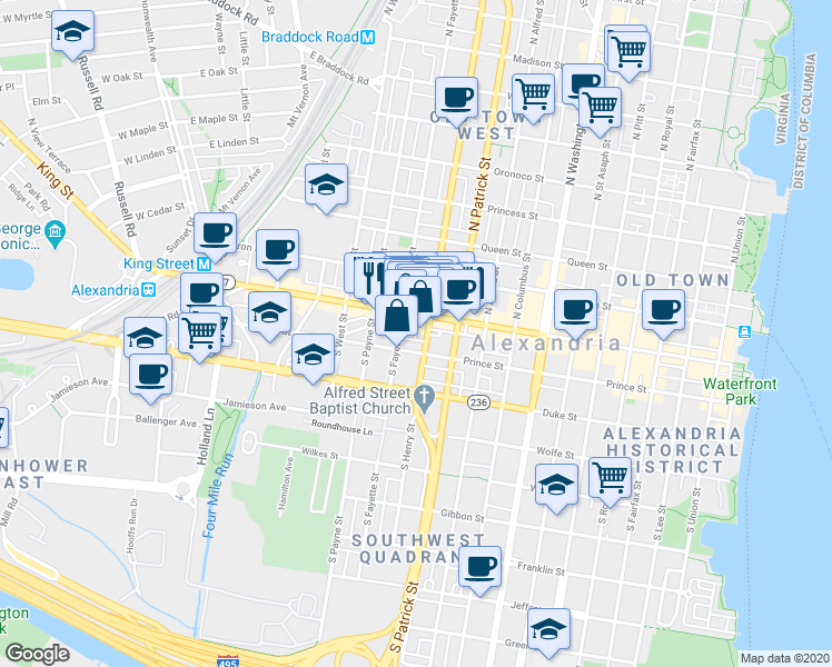 map of restaurants, bars, coffee shops, grocery stores, and more near 109 King Henry Court in Alexandria