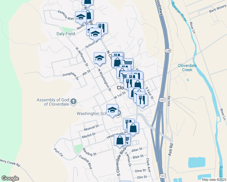 map of restaurants, bars, coffee shops, grocery stores, and more near 120 North Washington Street in Cloverdale