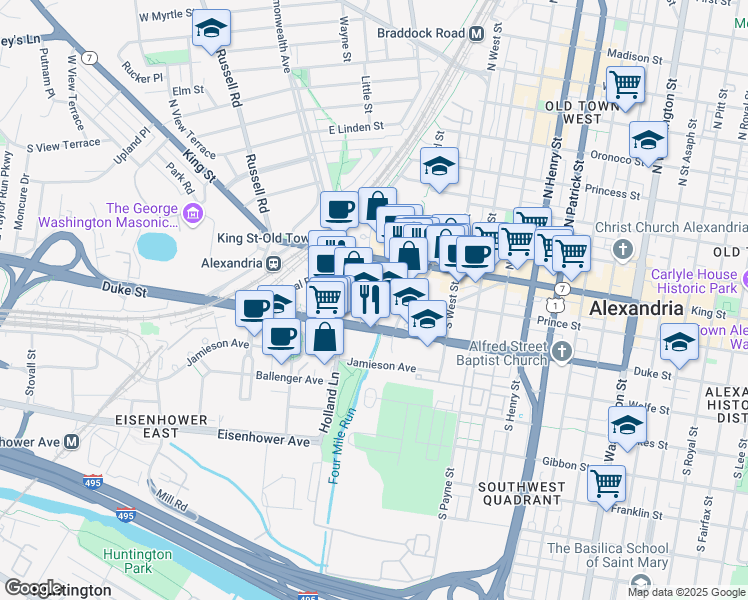 map of restaurants, bars, coffee shops, grocery stores, and more near 1620 Prince Street in Alexandria