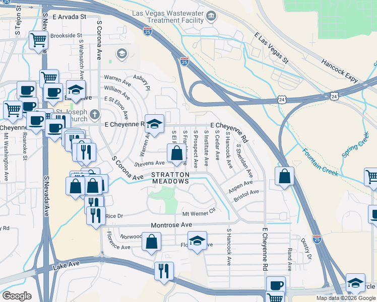 map of restaurants, bars, coffee shops, grocery stores, and more near 1922 South Prospect Avenue in Colorado Springs