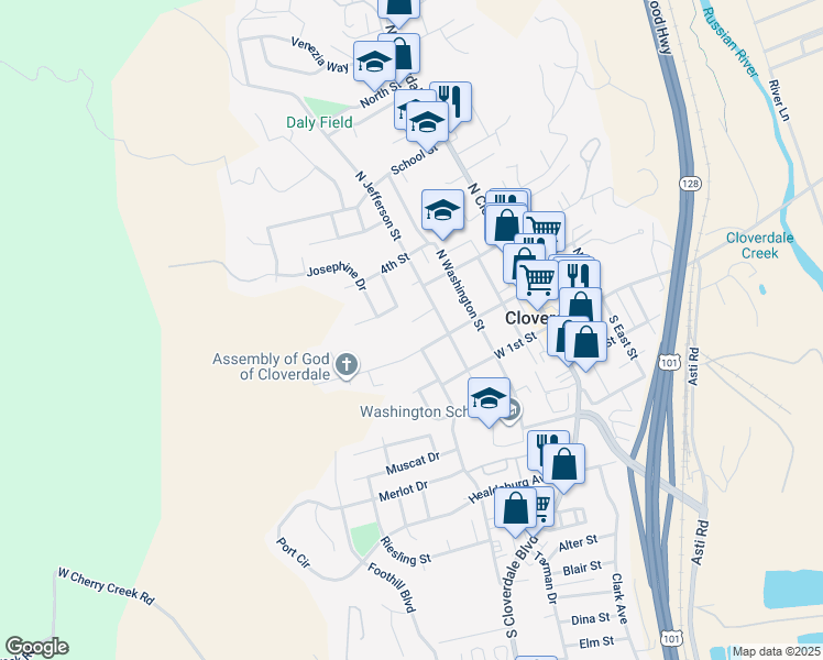 map of restaurants, bars, coffee shops, grocery stores, and more near 409 Butler Court in Cloverdale