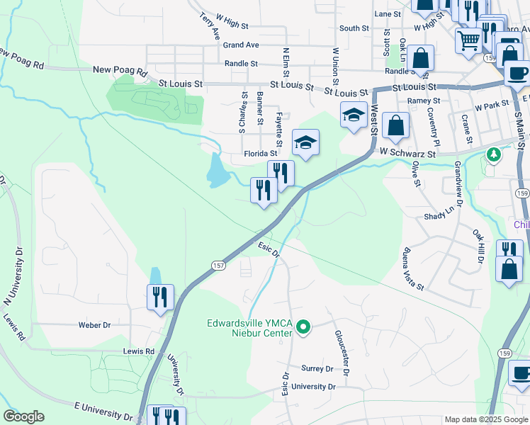 map of restaurants, bars, coffee shops, grocery stores, and more near in Edwardsville