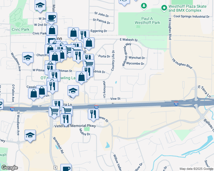 map of restaurants, bars, coffee shops, grocery stores, and more near 509 Boyer Street in O'Fallon