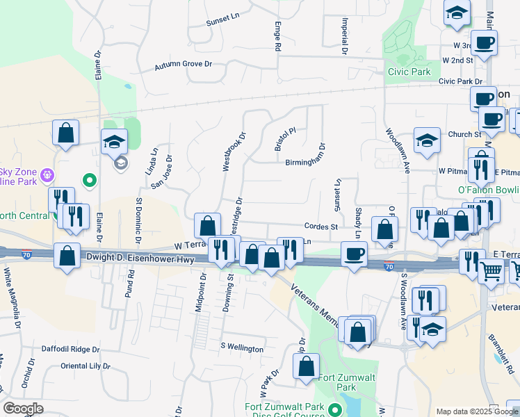 map of restaurants, bars, coffee shops, grocery stores, and more near 736 Montbrook Drive in O'Fallon