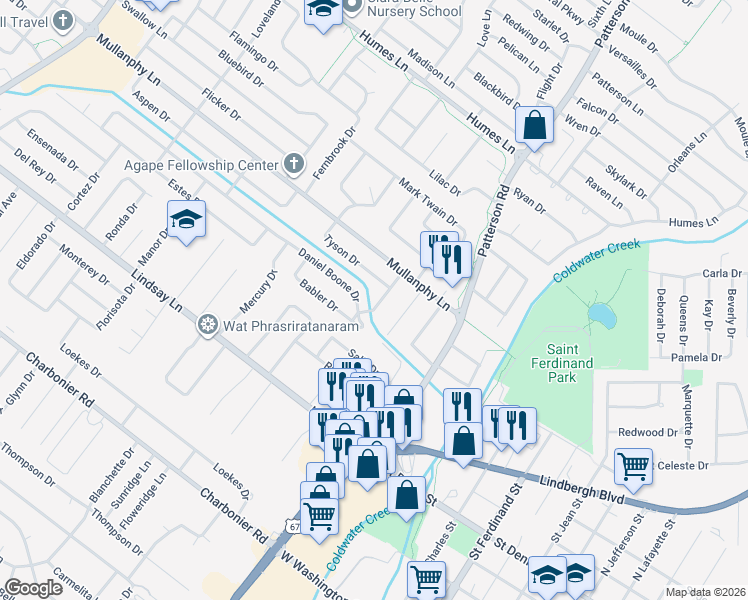 map of restaurants, bars, coffee shops, grocery stores, and more near 95 Florissant Park Drive in Florissant