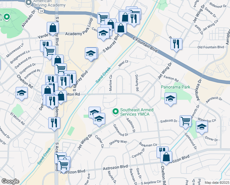 map of restaurants, bars, coffee shops, grocery stores, and more near 4394 South Chelton Road in Colorado Springs