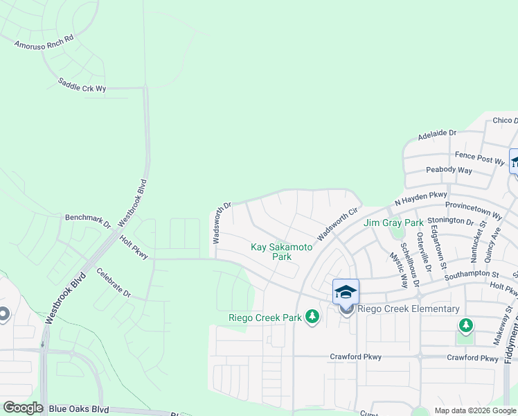 map of restaurants, bars, coffee shops, grocery stores, and more near Pruett Drive in Roseville
