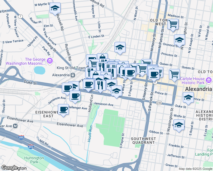 map of restaurants, bars, coffee shops, grocery stores, and more near 1600 Prince Street in Alexandria