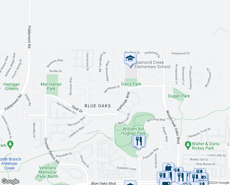 map of restaurants, bars, coffee shops, grocery stores, and more near 2612 Waterford Glen Circle in Roseville