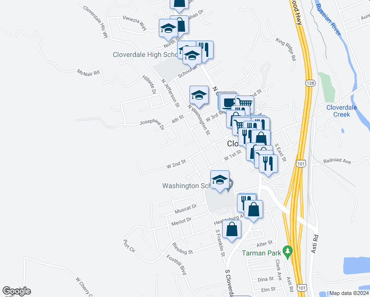 map of restaurants, bars, coffee shops, grocery stores, and more near 409 Butler Court in Cloverdale