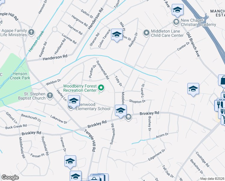 map of restaurants, bars, coffee shops, grocery stores, and more near 6113 Summerhill Road in Temple Hills