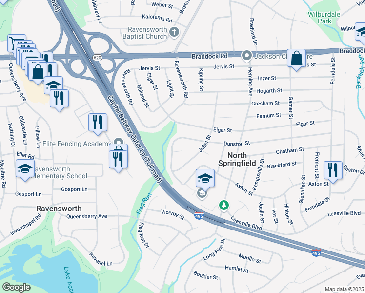 map of restaurants, bars, coffee shops, grocery stores, and more near 7612 Clive Place in Springfield