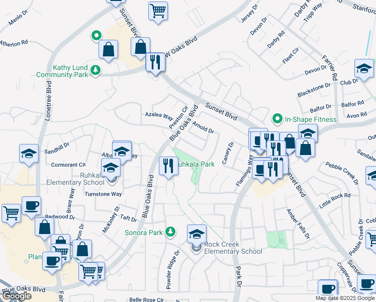 map of restaurants, bars, coffee shops, grocery stores, and more near 6321 Surfbird Lane in Rocklin