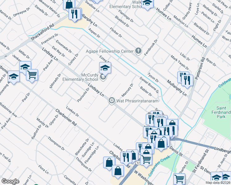map of restaurants, bars, coffee shops, grocery stores, and more near 5 Mary Ann Court in Florissant