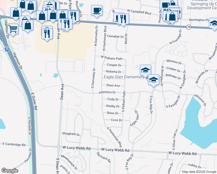 map of restaurants, bars, coffee shops, grocery stores, and more near 1705 Stasi Avenue in Raymore