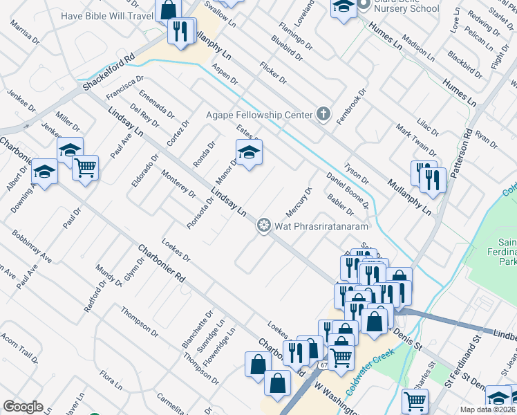 map of restaurants, bars, coffee shops, grocery stores, and more near 5 Mary Ann Court in Florissant