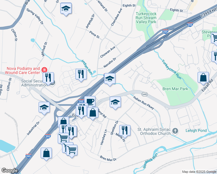 map of restaurants, bars, coffee shops, grocery stores, and more near 6408 Edsall Road in Alexandria
