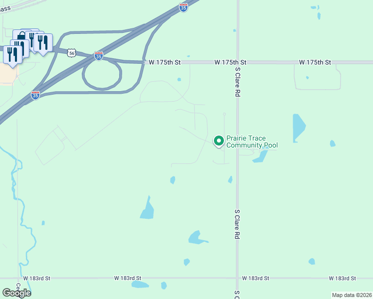 map of restaurants, bars, coffee shops, grocery stores, and more near 17817 Clare Road in Gardner