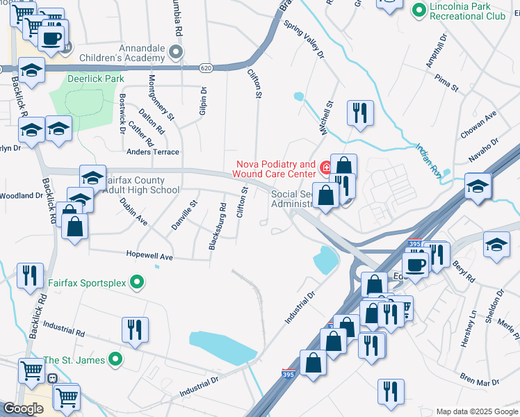 map of restaurants, bars, coffee shops, grocery stores, and more near 5316 Carolina Place in Springfield