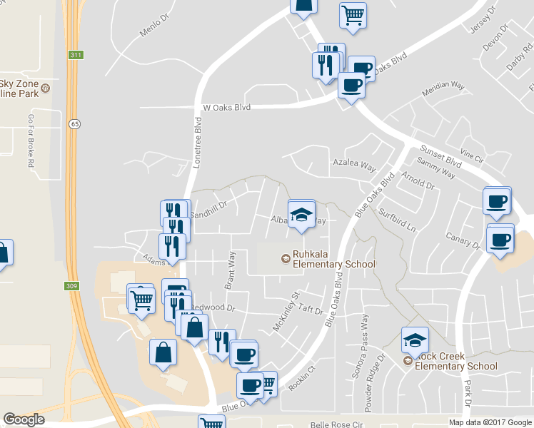 map of restaurants, bars, coffee shops, grocery stores, and more near 6201 Goldeneye Court in Rocklin