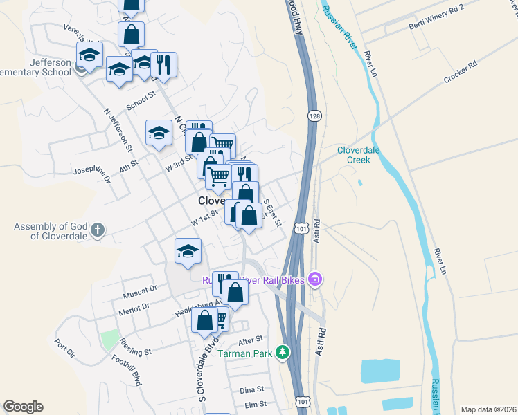 map of restaurants, bars, coffee shops, grocery stores, and more near 126 South Main Street in Cloverdale