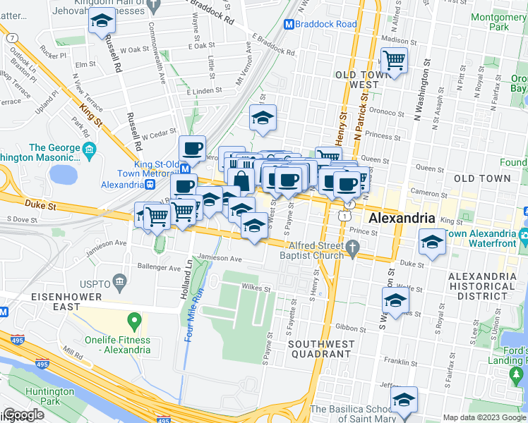 map of restaurants, bars, coffee shops, grocery stores, and more near 1411 Prince Street in Alexandria