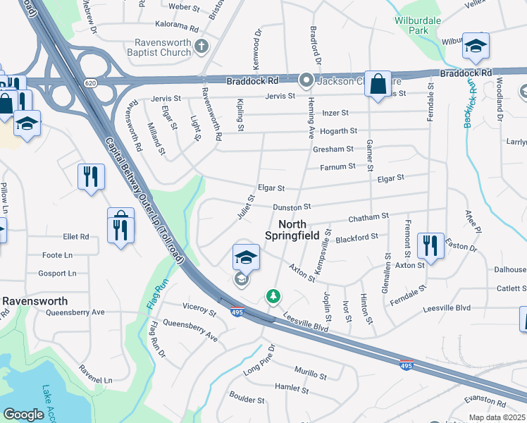 map of restaurants, bars, coffee shops, grocery stores, and more near 7511 Dunston Street in Springfield