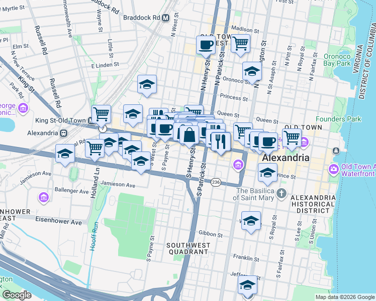 map of restaurants, bars, coffee shops, grocery stores, and more near 105 King Henry Court in Alexandria