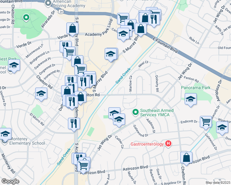 map of restaurants, bars, coffee shops, grocery stores, and more near 1951 South Chelton Road in Colorado Springs