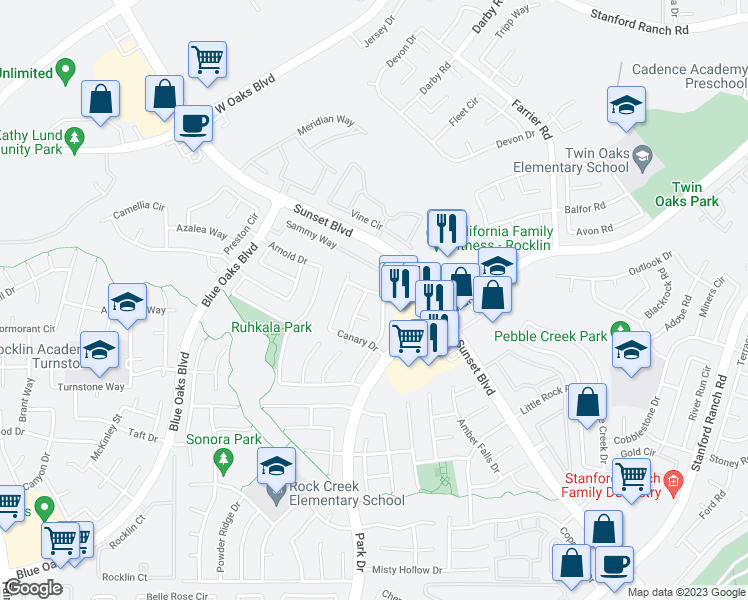 map of restaurants, bars, coffee shops, grocery stores, and more near 2122 Macaw Lane in Rocklin