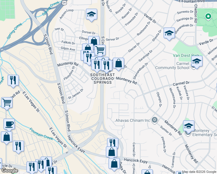 map of restaurants, bars, coffee shops, grocery stores, and more near 2002 Legacy Ridge View in Colorado Springs