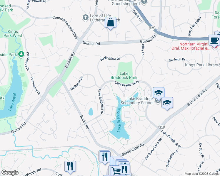 map of restaurants, bars, coffee shops, grocery stores, and more near 5418 Lighthouse Lane in Burke
