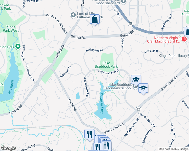 map of restaurants, bars, coffee shops, grocery stores, and more near 5418 Lighthouse Lane in Burke