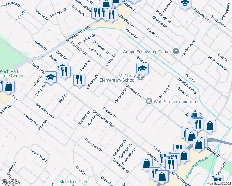 map of restaurants, bars, coffee shops, grocery stores, and more near 215 Jeanette Drive in Florissant