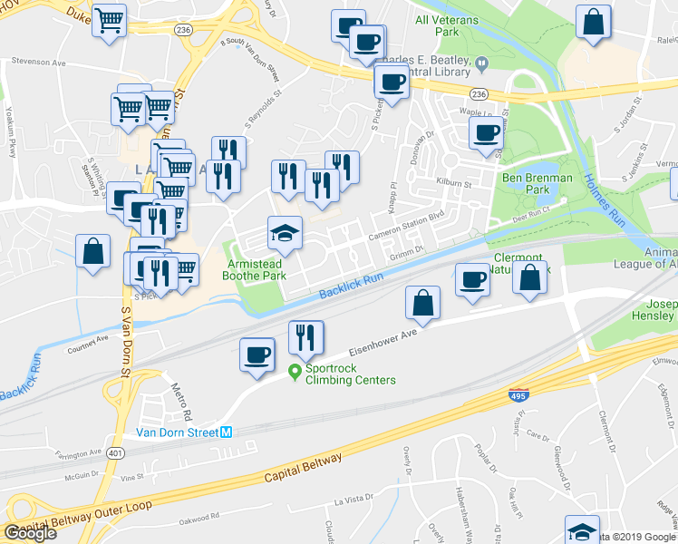 map of restaurants, bars, coffee shops, grocery stores, and more near 5230 Tancreti Lane in Alexandria