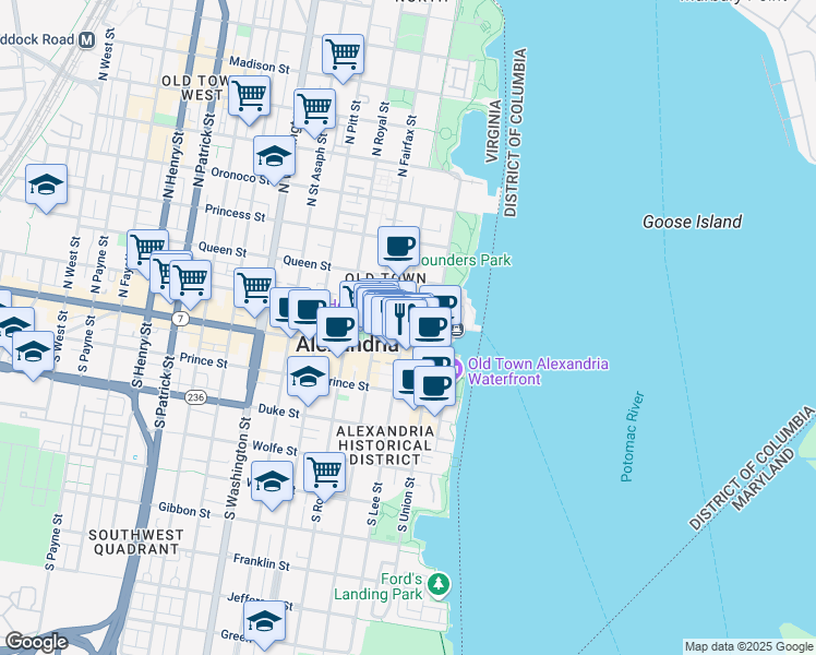 map of restaurants, bars, coffee shops, grocery stores, and more near 125 North Lee Street in Alexandria