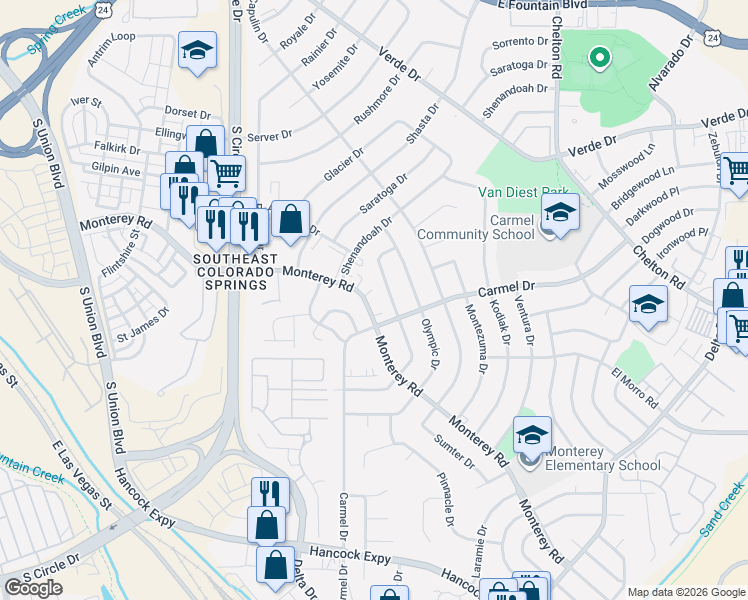 map of restaurants, bars, coffee shops, grocery stores, and more near 1864 Del Mar Drive in Colorado Springs
