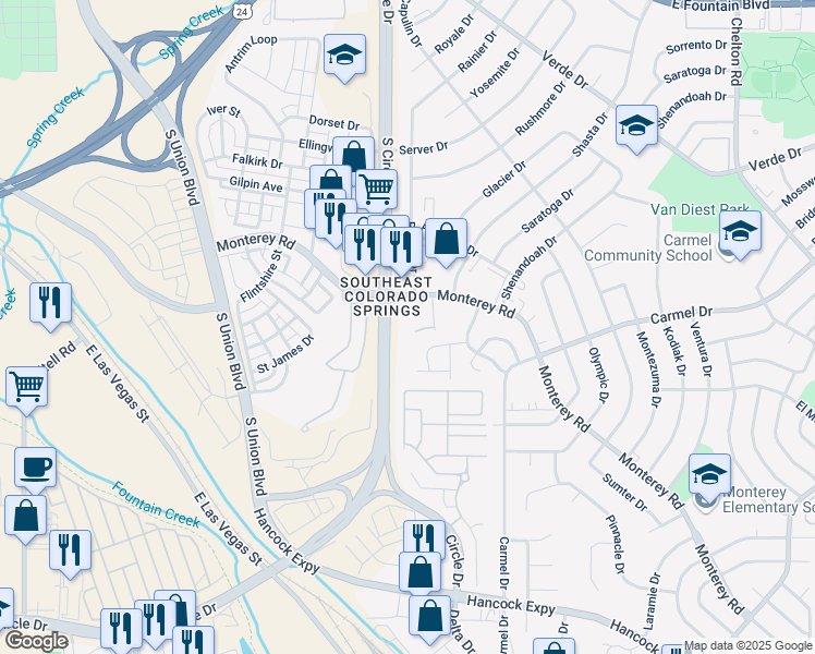 map of restaurants, bars, coffee shops, grocery stores, and more near 2002 Legacy Ridge View in Colorado Springs