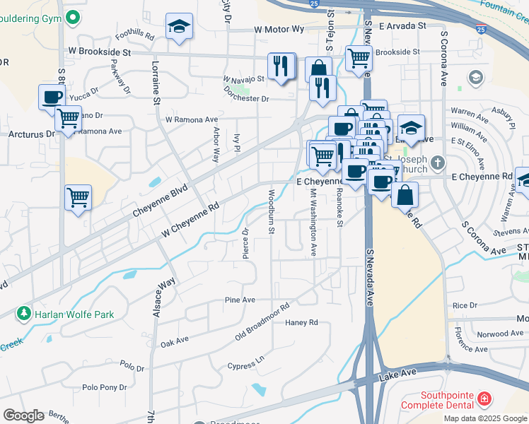 map of restaurants, bars, coffee shops, grocery stores, and more near 110 Pierce Drive in Colorado Springs