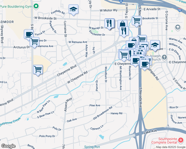 map of restaurants, bars, coffee shops, grocery stores, and more near 145 West Cheyenne Road in Colorado Springs
