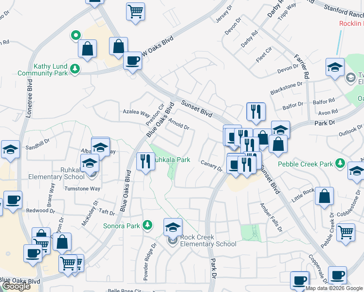 map of restaurants, bars, coffee shops, grocery stores, and more near 2158 Hannah Way in Rocklin
