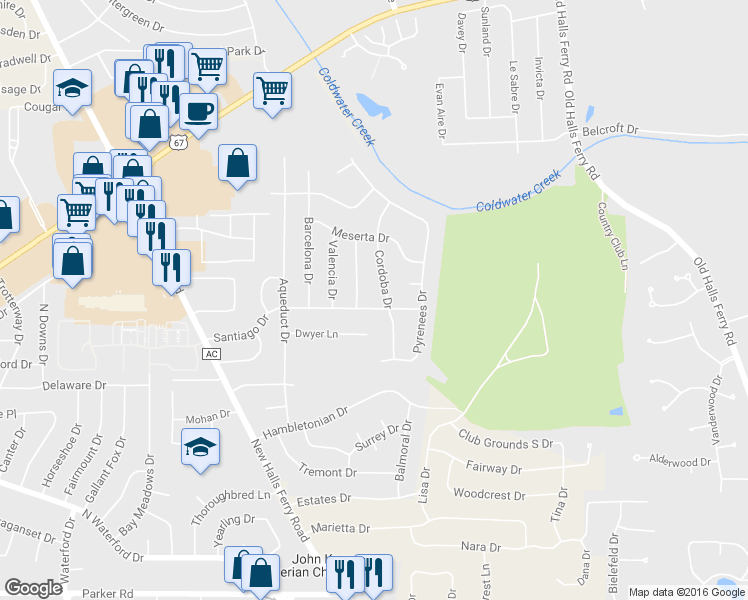 map of restaurants, bars, coffee shops, grocery stores, and more near 2005 Cordoba Drive in Florissant