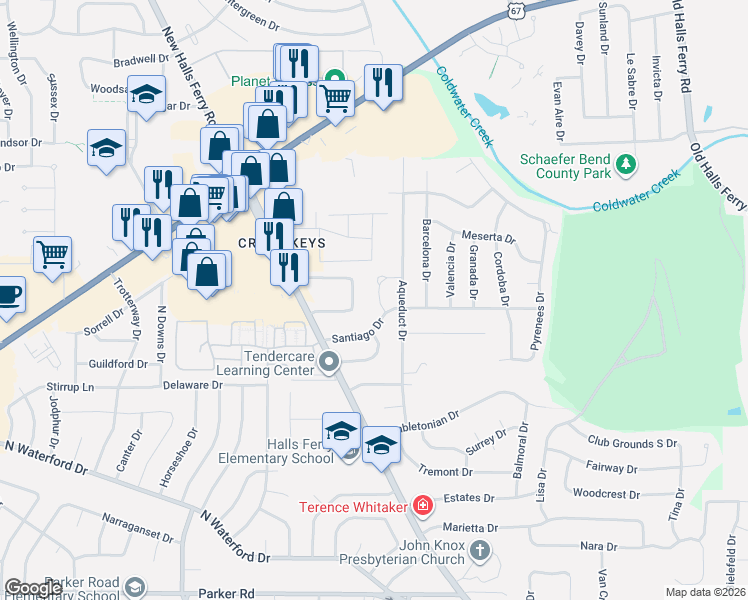 map of restaurants, bars, coffee shops, grocery stores, and more near 3250 Carefree Lane in Florissant
