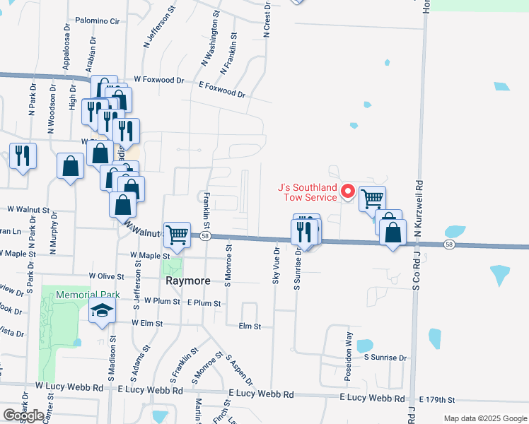 map of restaurants, bars, coffee shops, grocery stores, and more near 117 North Crest Drive in Raymore