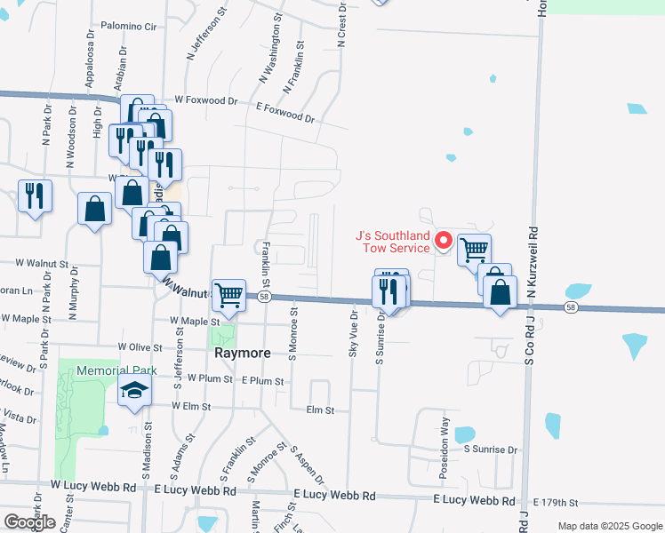 map of restaurants, bars, coffee shops, grocery stores, and more near 118 North Crest Drive in Raymore
