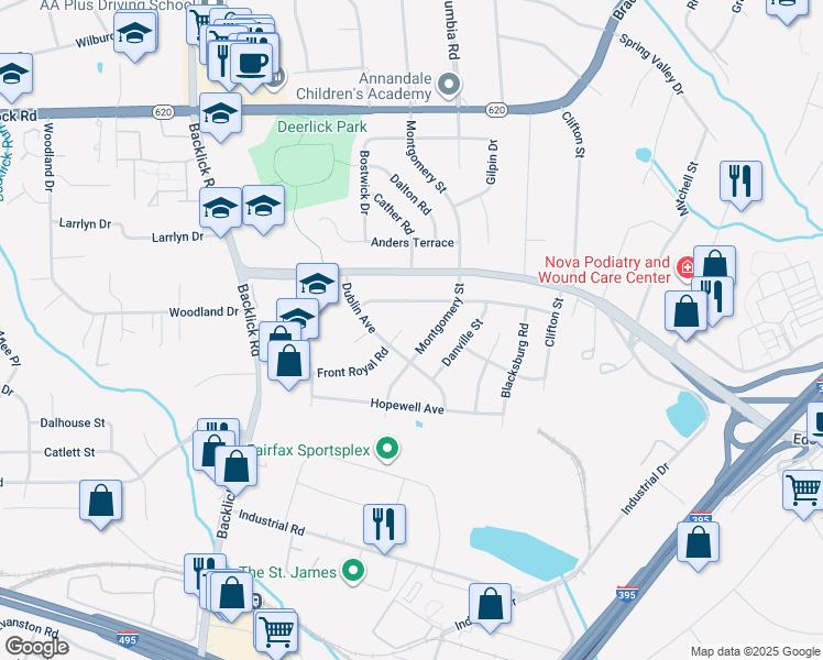 map of restaurants, bars, coffee shops, grocery stores, and more near 6731 Front Royal Road in Springfield