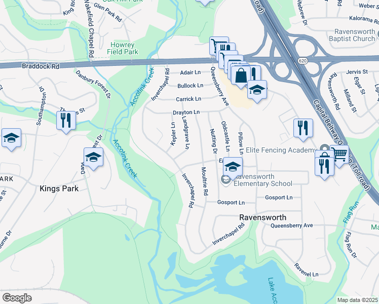 map of restaurants, bars, coffee shops, grocery stores, and more near 5313 Landgrave Lane in Springfield