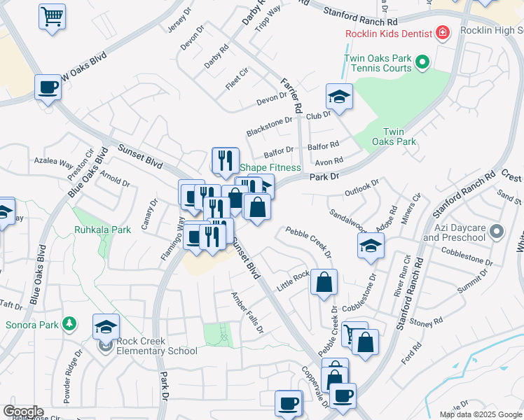 map of restaurants, bars, coffee shops, grocery stores, and more near 2213 Sunset Blvd in Rocklin