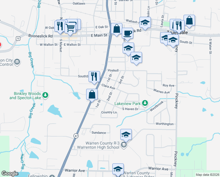 map of restaurants, bars, coffee shops, grocery stores, and more near 603 2nd Street in Warrenton
