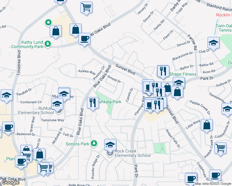 map of restaurants, bars, coffee shops, grocery stores, and more near 2158 Hannah Way in Rocklin